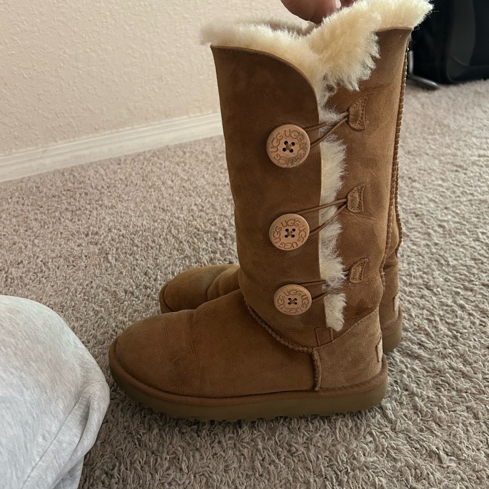 Brown Suede UGG Button-Up Boots with Fur Lining